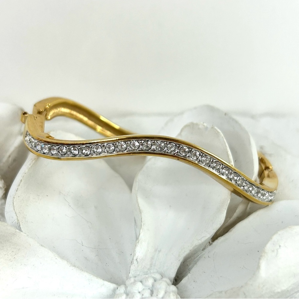 Swarovski Signed Wave Crystal Bangle Gold Toned